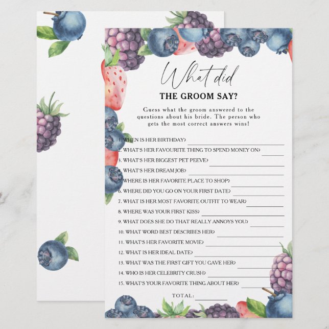 Sweet berry - What did the groom say bridal game (Front/Back)