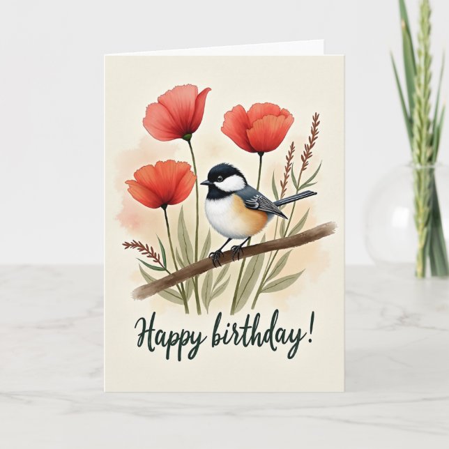 Sweet Bird And Flowers Card (Front)