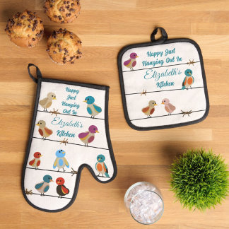 Sweet Bird Lover's Colorful Bright Oven Mitt & Pot Holder Set