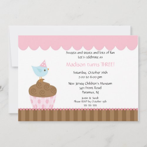 Sweet Bird on Cupcake Birthday Invitation
