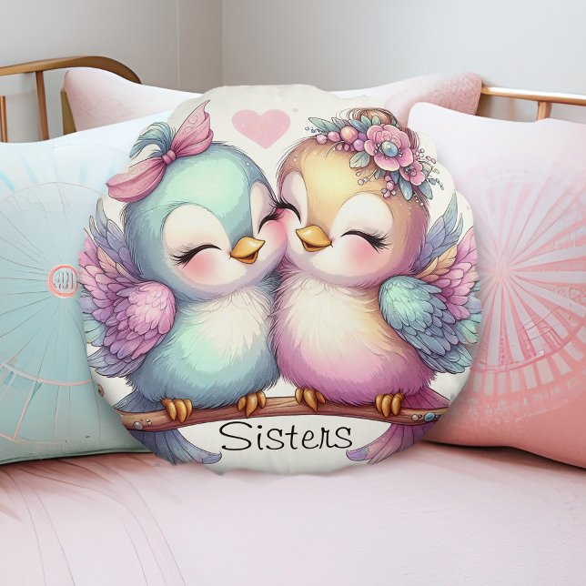 Sweet Bird Sisters Adorable Girly Pink Pastel Love Round Pillow (Cute sister love birds personalized pillow pastel pink blue purple little girls shared bedroom decor)