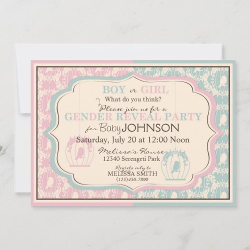 Sweet Birdcage Damask Print Gender Reveal Personalized Invitations