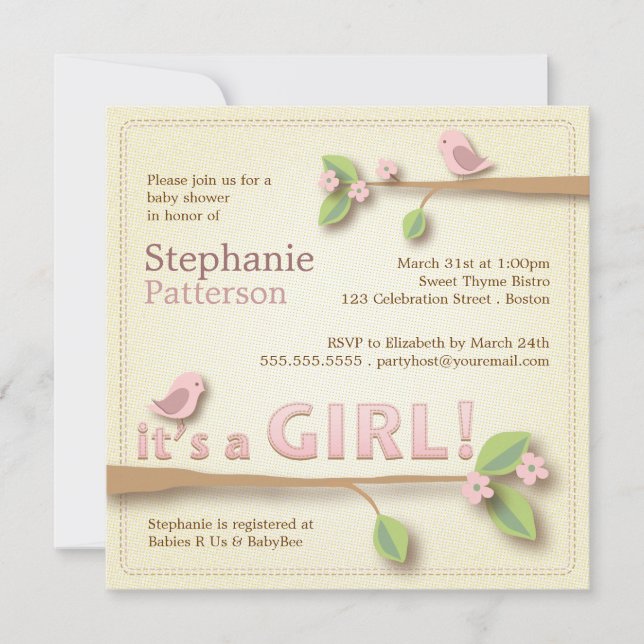 Sweet Birdie It's a Girl Baby Shower Invitation (Front)