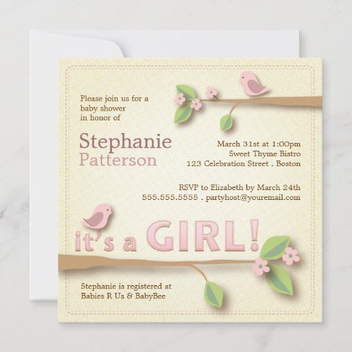 Sweet Birdie It's a Girl Baby Shower Invitation
