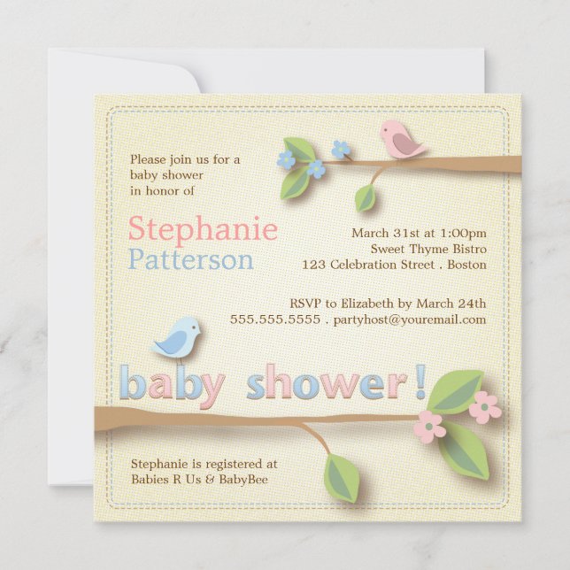 Sweet Birdie Pink & Blue Baby Shower Invitation (Front)
