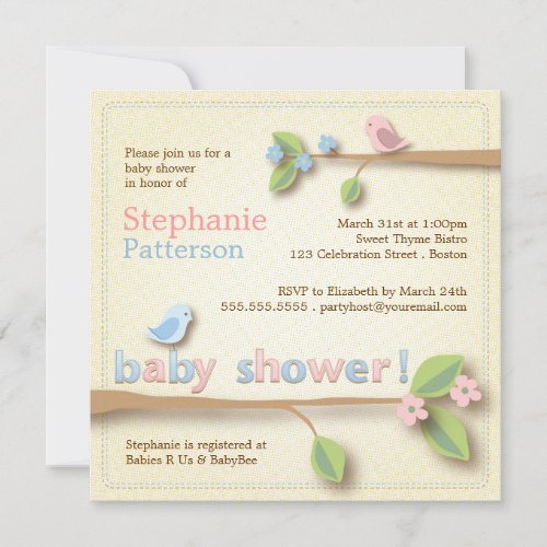 Sweet Birdie Pink &amp; Blue Baby Shower Invitation