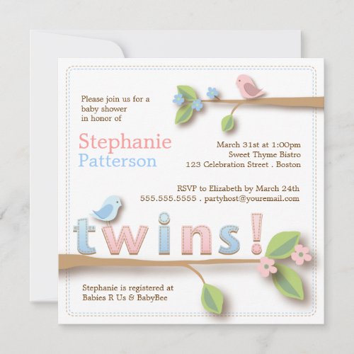 Sweet Birdie Twin Boy Girl Baby Shower Invitation