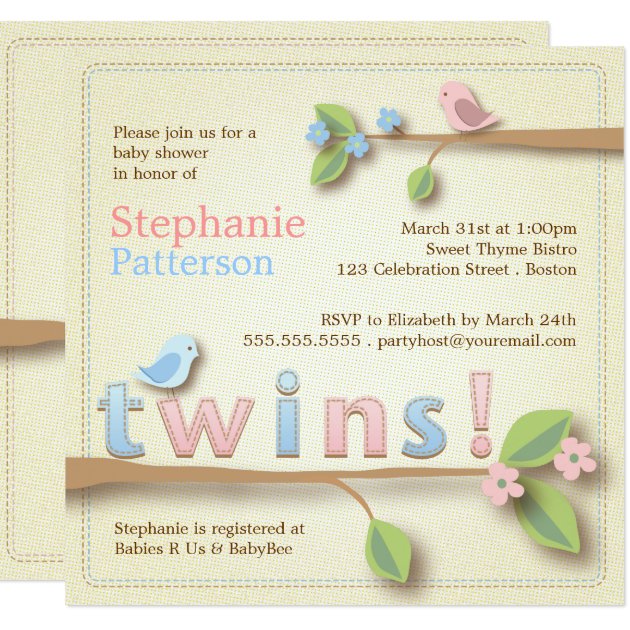 Sweet Birdie Twin Boy Girl Baby Shower Invitation