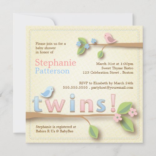 Sweet Birdie Twin Boy Girl Baby Shower Invitation