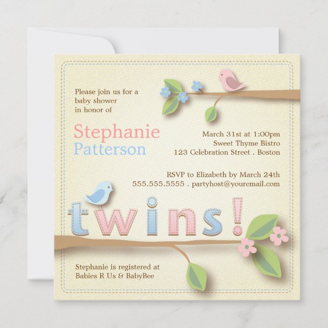 Sweet Birdie Twin Boy Girl Baby Shower Invitation (Front)