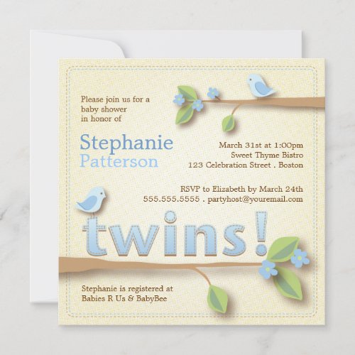 Sweet Birdie Twin Boys Blue Baby Shower Invitation