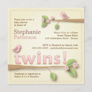 Sweet Birdie Twin Girls Baby Shower Invitation