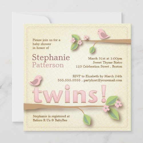 Sweet Birdie Twin Girls Baby Shower Invitation