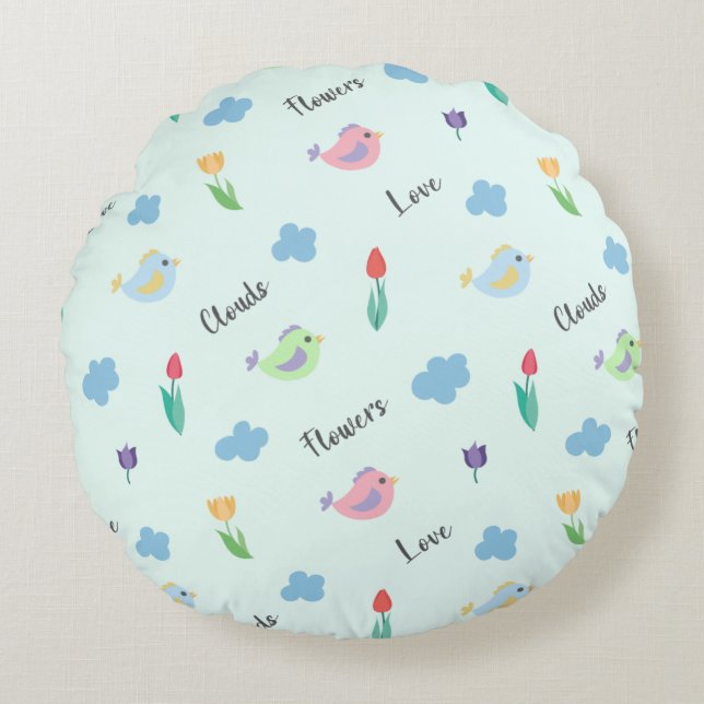 Sweet Birds, Flowers & Clouds Typography Pattern Round Pillow (Front)
