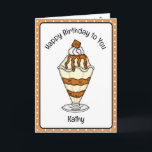 Sweet Birthday Card Ice Cream Sundae<br><div class="desc">Have a very Sweet Birthday is the message on the inside. The card is full of Kawaii style cartoon ice cream cones. Front has a caramel ice cream sundae.</div>