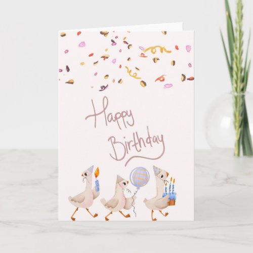 Sweet birthday card with cute geese & confetti