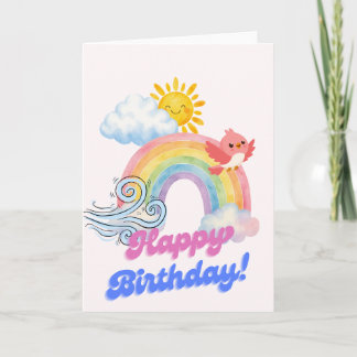 Sweet birthday card with rainbow, sun & bird