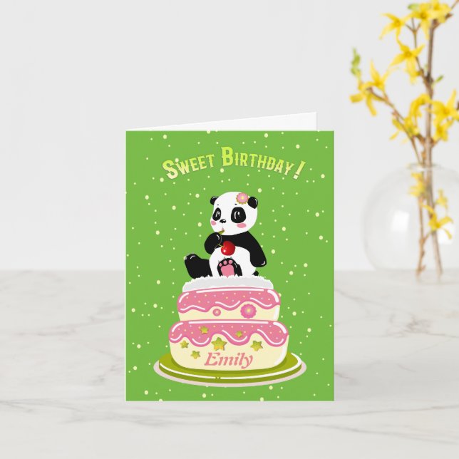 Sweet birthday / Cute panda with cake and cherry  Card (Yellow Flower)