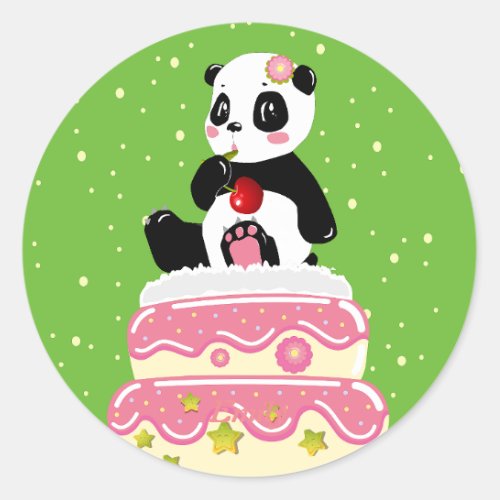 Sweet birthday  Cute panda with cake and cherry  Classic Round Sticker