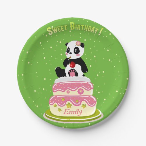 Sweet birthday  Cute panda with cake and cherry  Paper Plates