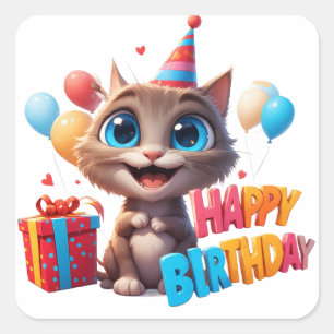 Sweet Birthday Kitty With Gift Box 🐱 Square Sticker