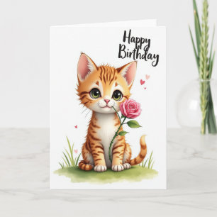 Sweet Birthday Striped Cat Rose Card
