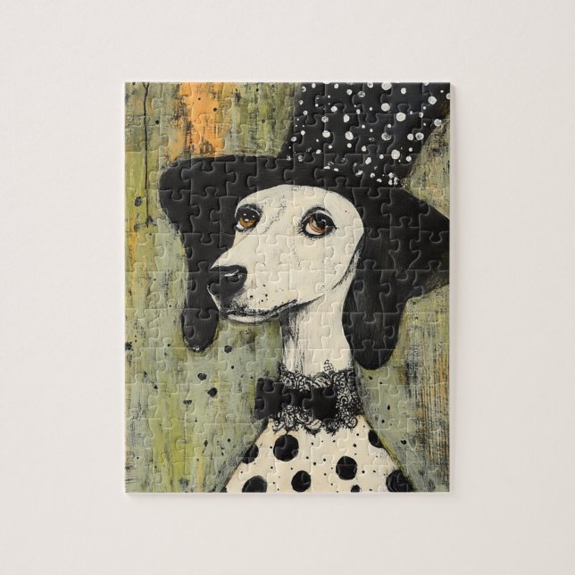 Sweet Black and White Polka Dot Dog in Tophat Jigsaw Puzzle (Vertical)