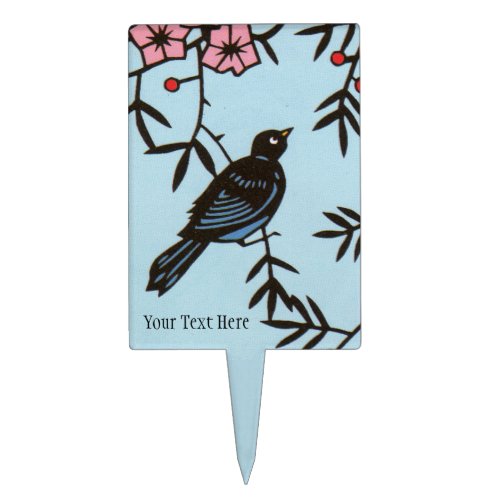 Sweet Black Bird in Cherry Blossom Tree Flowers Cake Topper