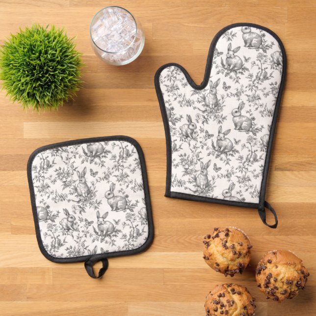 Sweet Black Bunny Rabbits French Toile Oven Mitt & Pot Holder Set (Top Down)