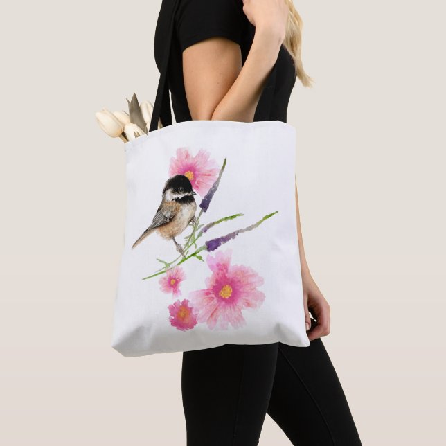 Sweet Black Capped Chickadee Watercolor Art Tote Bag (Close Up)