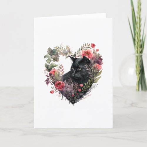 Sweet Black Cat in Flower Heart Valentines Day Holiday Card