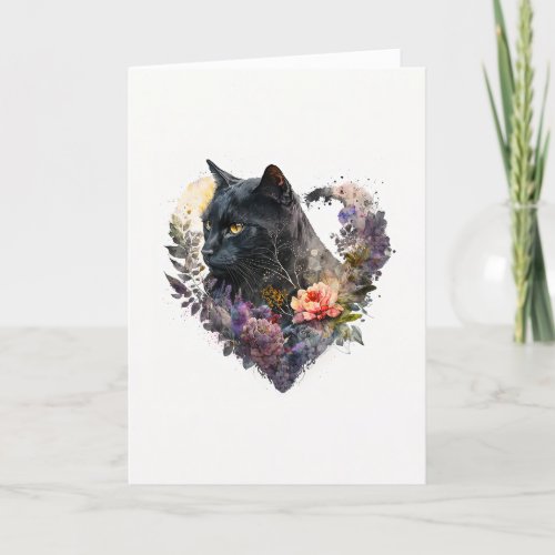 Sweet Black Cat in Purple Flowers Valentines Day Holiday Card
