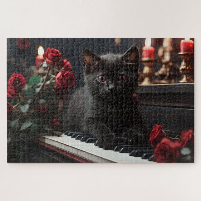 Sweet black cat lying on piano jigsaw puzzle (Horizontal)