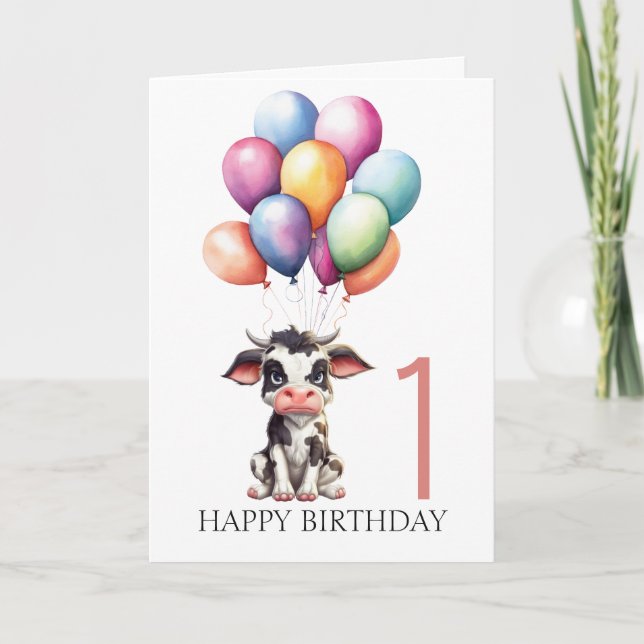  Sweet Black Cow 1st Birthday Card (Front)