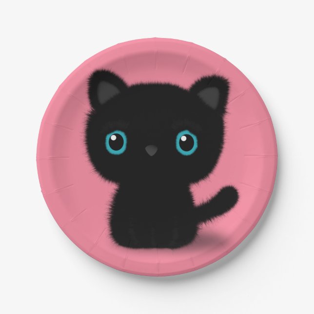 Sweet Black kitten on pastel pink Paper Plates (Front)