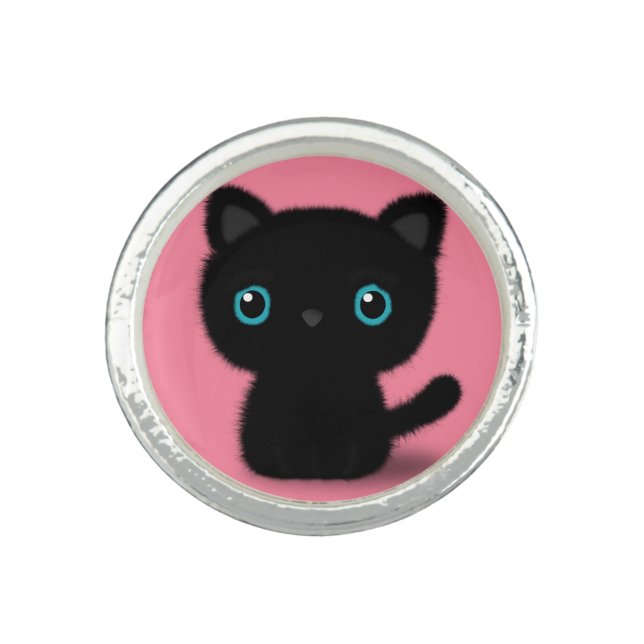 Sweet Black kitten on pastel pink Ring (Front)