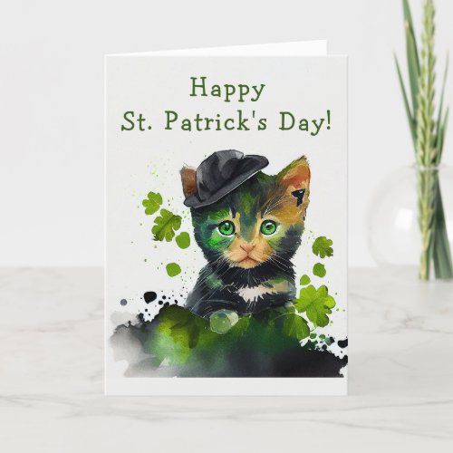 Sweet Black Kitten on St Patricks Day Holiday Card