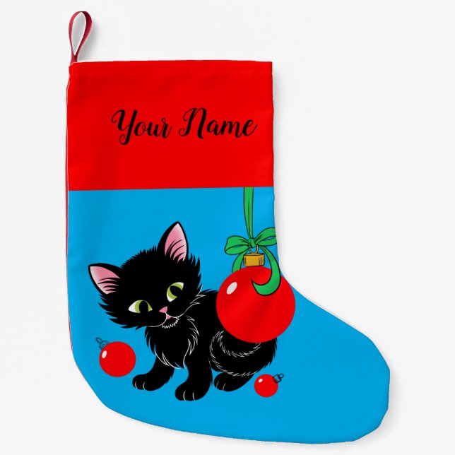 Sweet Black Kitten Personalized Small Christmas Stocking (Front)