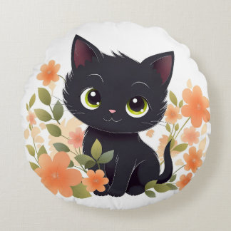 Sweet Black Kitten with Flowers Kawaii Chibi Round Pillow