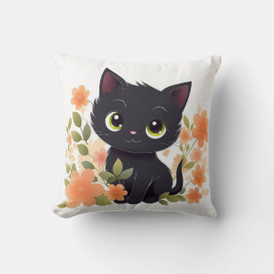 Sweet Black Kitten with Flowers Kawaii Chibi Throw Pillow