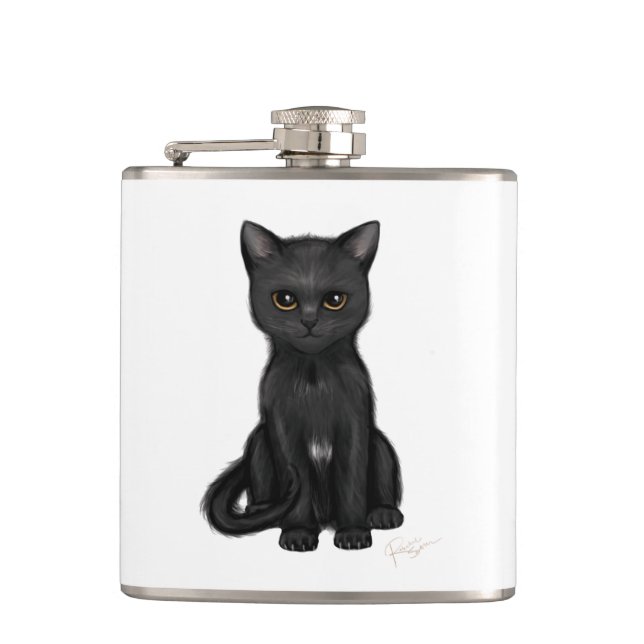 Sweet Black Kitty Cat with Bright Golden Eyes Hip Flask (Front)