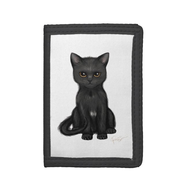 Sweet Black Kitty Cat with Bright Golden Eyes Tri-fold Wallet (Front Vertical)