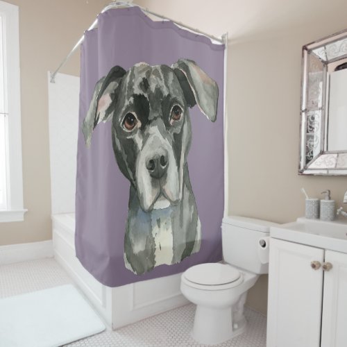 Sweet Black Pit Bull Dog Watercolor Portrait Shower Curtain