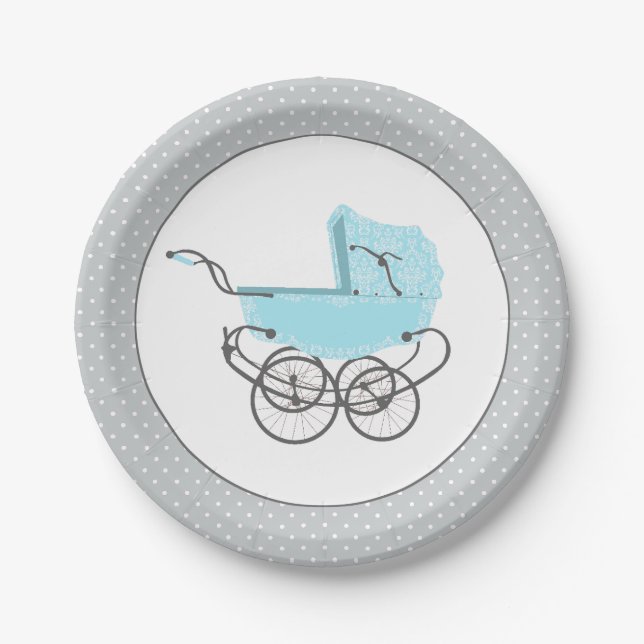 Sweet Blue and Gray Baby Pram Paper Plate (Front)