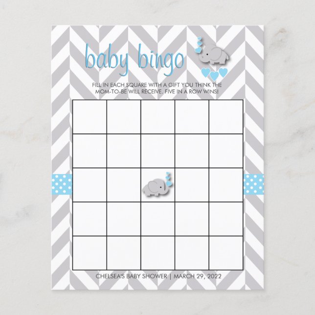 Sweet Blue and Gray Elephant Baby Shower Bingo (Front)
