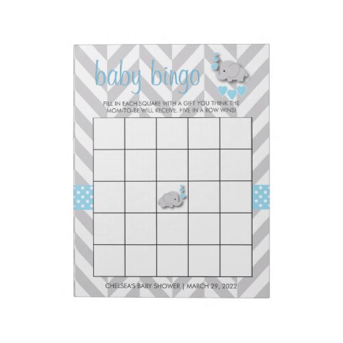 Sweet Blue and Gray Elephant Baby Shower Bingo Notepad