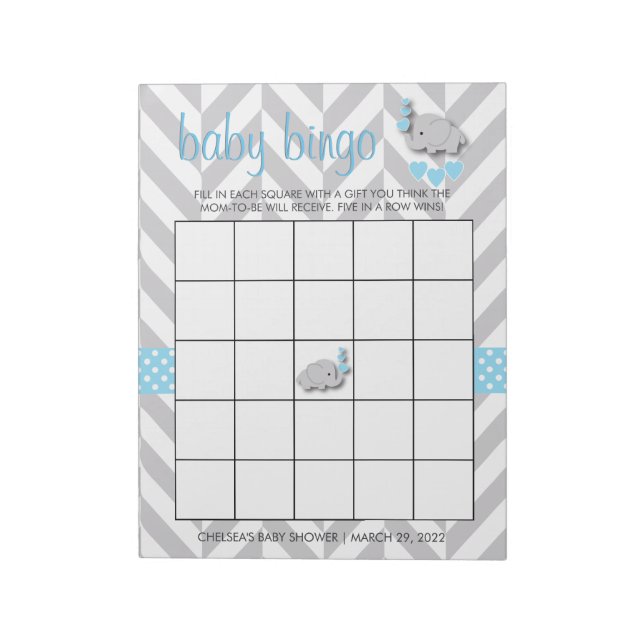 Sweet Blue and Gray Elephant Baby Shower Bingo Notepad (Rotated)