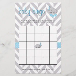 Sweet Blue and Gray Elephant Baby Shower Bingo Stationery