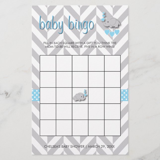 Sweet Blue and Gray Elephant Baby Shower Bingo Stationery (Front)