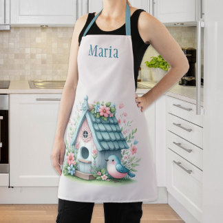 Sweet Blue and Pink Birdhouse Personalized Apron